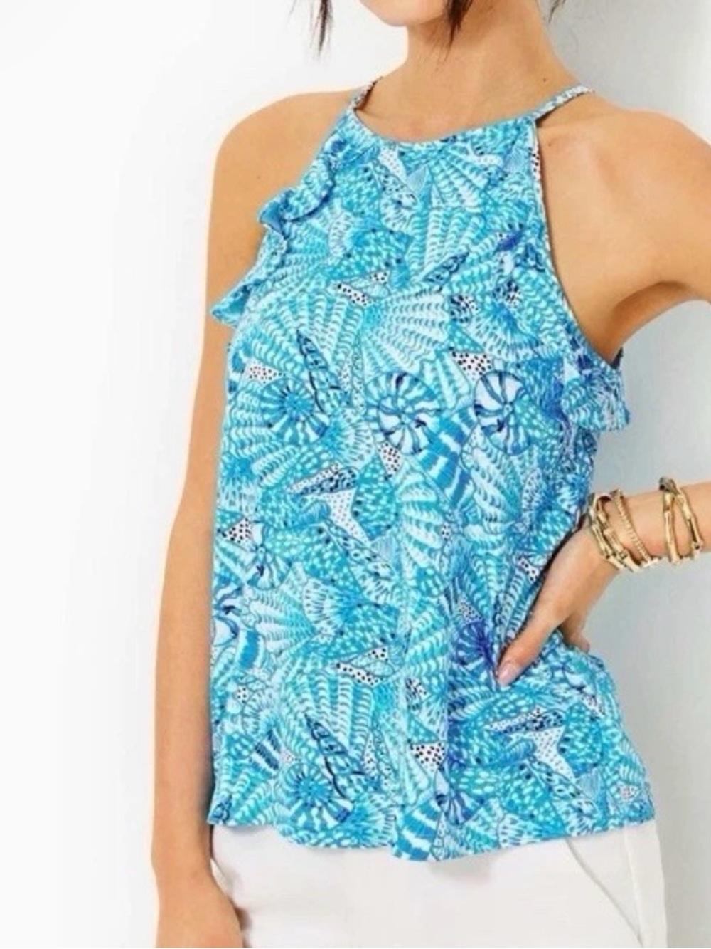 Lilly Pulitzer Billie Halter Ruffle Tank, Size Large, Seashell Print